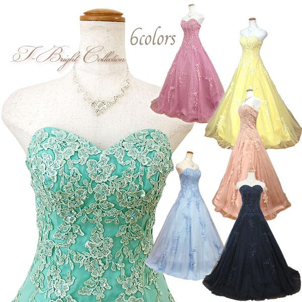 ウエスト切り替えなしのスッキリAラインのカラードレス。胸元からウエストまで刺繍がほどこされ、ビーズやスパンコールがスポットライトにキラリ☆と、品の良い華やかさ。憧れのフェミニンなハートカットで胸元が綺麗に見えます。【実寸サイズ(約)】7号バ...