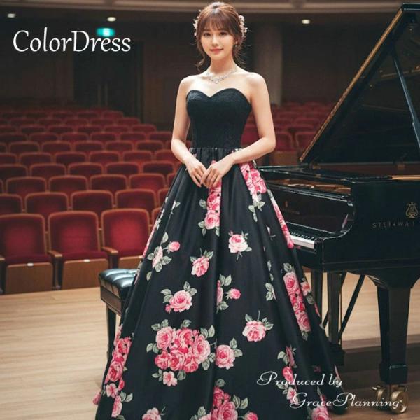 演奏会　ロングドレス　ブラック　黒　花柄 t-bright_f13050bk