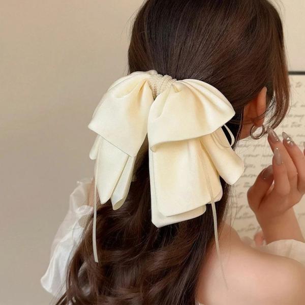リボン 髪飾り ヘアアレンジ ヘッドドレス クリーム 結婚式 二次会 パーティ お呼ばれ ビーズ サテン バンスクリップ ヘアクリップ  hd19137