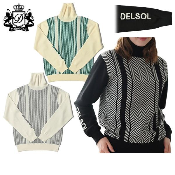 T-on ティーオン レディース商品詳細 ゴルフウェアデルソルゴルフ DELSOL GOLF商品名セーター タートルネック ハイネック ニット ランダムヘリンボーン柄 ロゴジャガード M〜3Lまで ゴルフウェア実寸サイズM(M) 身幅47c...