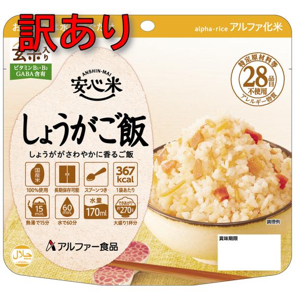 訳あり アルファ食品 安心米 しょうがご飯（玄米入り） 5年保存 保存食 非常食 キャンプ アウトドア  (賞味期限：2031年3月 賞味期限が短い商品)