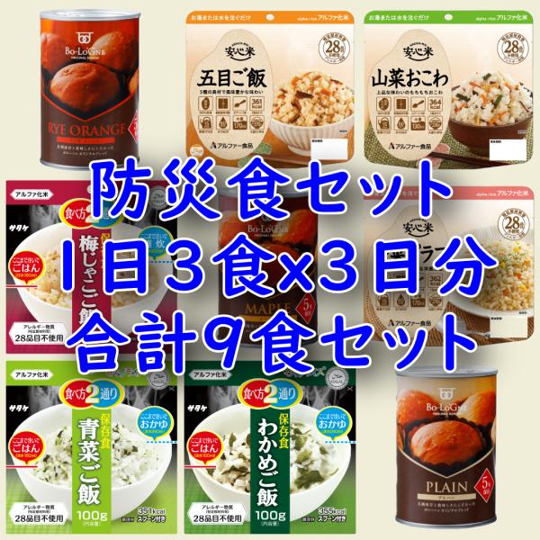 防災食セット 3食x3日分 9食 ご飯 パン 保存食 備蓄 5年保存 アルファ―食品 サタケ ボローニャ