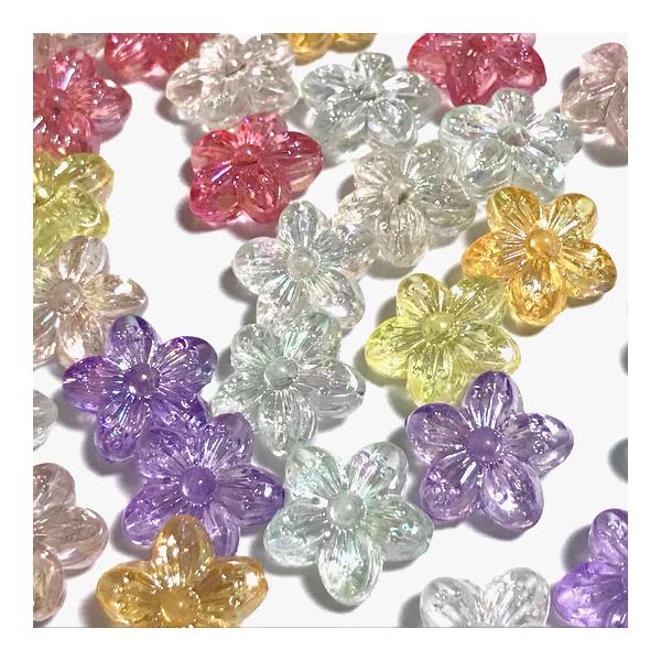 （14個セット）フラワーのアクリルビーズ 横穴 花 カラーミックス オーロラ ゆめかわ プラビーズ 手芸 パーツ アクリル ビーズ フラワー 色彩キューブ