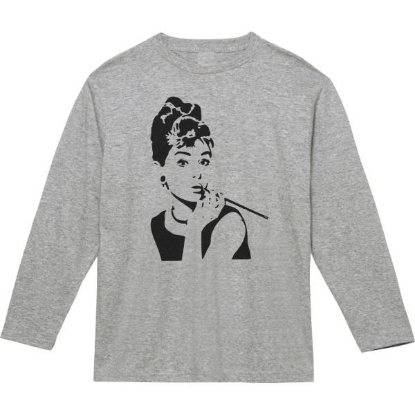 90s Vintage オードリー・ヘプバーン 霜降りグレー コットン Tシャツ 音楽 バンド オードリーヘップバーン 長袖 ロングスリーブ Tシャツ