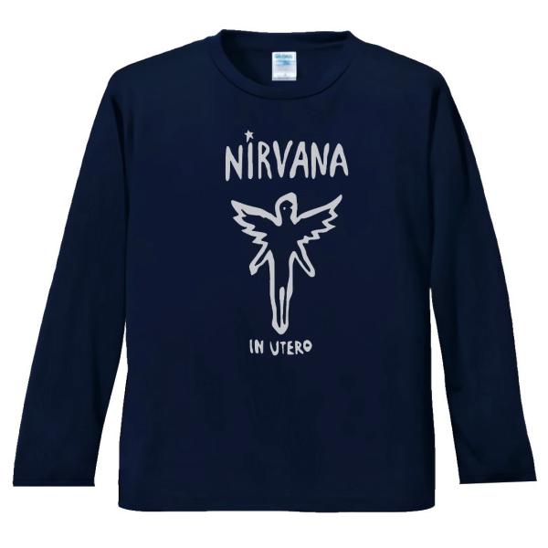音楽 バンド 長袖 ロングスリーブ Tシャツ ネイビーNIRVANA