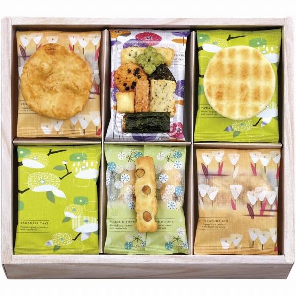 ●商品内容 ぷかぷか煎だし醤油×8、やわらか焼やき塩・アーモンドそふとやき塩×各6、ぐるめ探訪×3●パッケージサイズ：27.5×33×5.7cm ●賞味期限：常温4ヶ月  内祝い 快気祝い 出産内祝い ギフト お返し お中元 お歳暮 結婚祝...