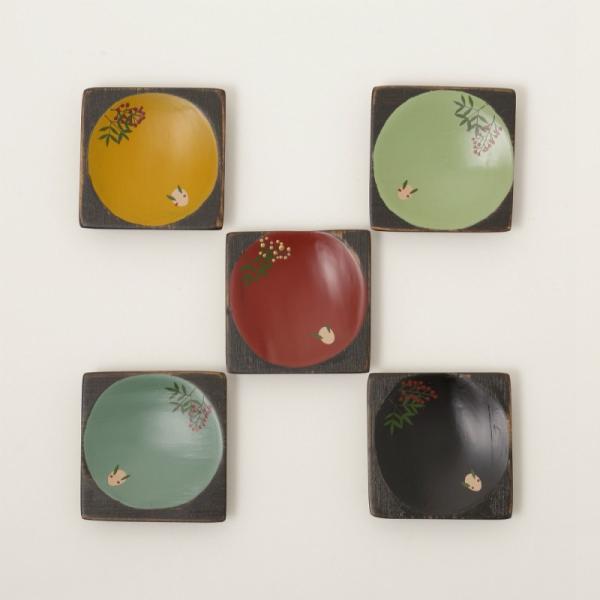 香川漆器 角こまめ皿 「雪うさぎに南天」 5枚セット 中田漆木 伝統工芸