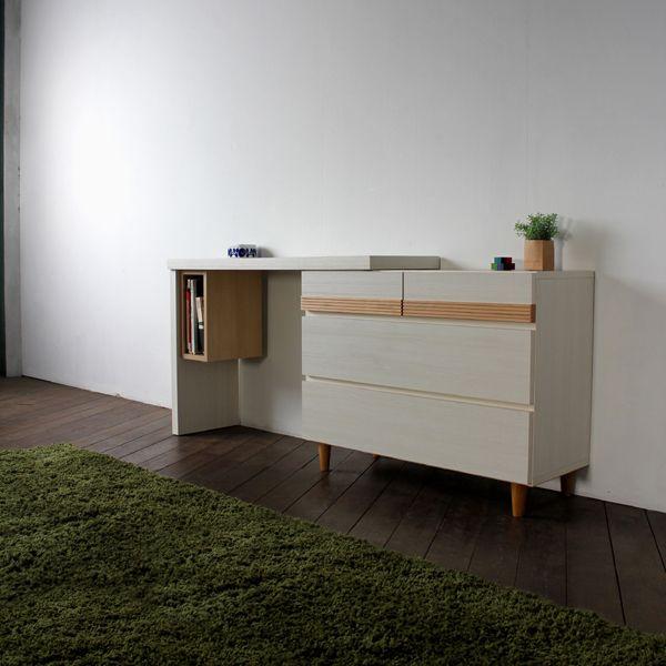 チェスト デスク 伸縮 110〜180cm ホワイト 白 木目 オーク 無垢材