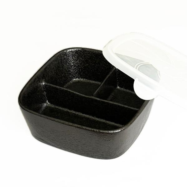 【黒結晶】3つ仕切りレンジパック付き 食器 黒 子供食器 陶器 お子様ランチプレート 離乳食 仕切り鉢 仕切り皿 三つ仕切り
