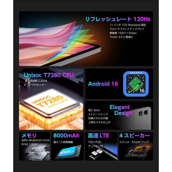 �y�ŐVAndroid16�z�V�i�^�u���b�g �^�u���b�gPC 11�C���` SIM�t���[ Android16 128GB/RAM48(8+���z40)GB 8�R�ACPU 4G/LTE GPS 2.4G/5GHz Wi-Fi T50Plus ���i�摜2