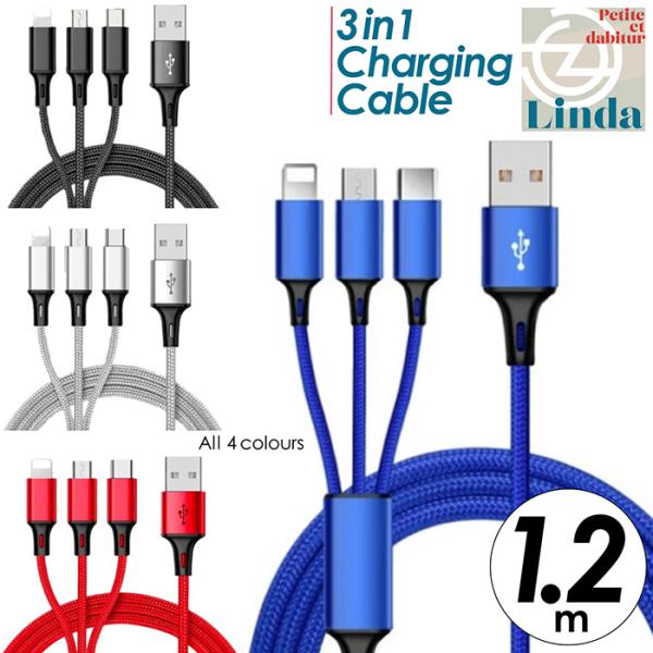 3in1 充電ケーブル iPhone ケーブル 充電 タイプc Type-C USB 断線しにくい 急速 Android micro 高耐久ナイロン モバイルバッテリー 充電器 USB