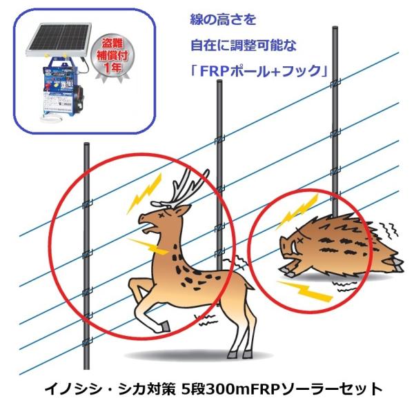 イノシシ・シカ対策用 5段300mFRPソーラーセット (969) 電気柵 盗難
