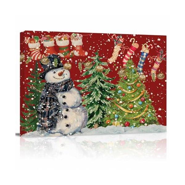 Christmas Canvas Wall Art - Christmas Snowman Snowflakes Pine Tree Stocking