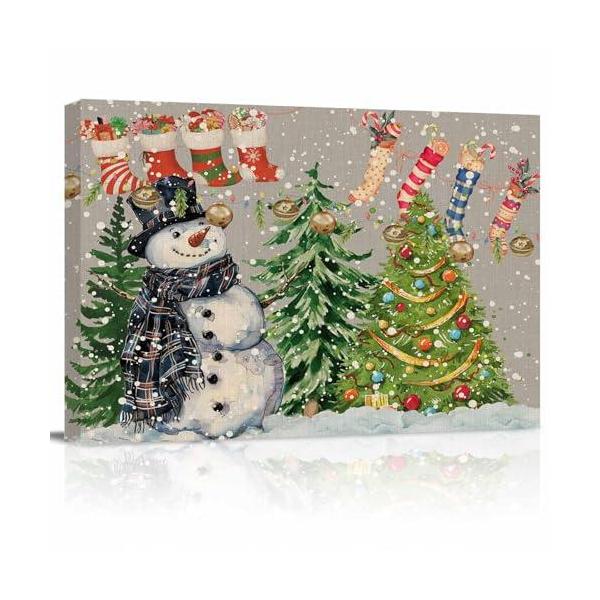 Christmas Canvas Wall Art - Christmas Snowman Snowflakes Pine Tree Stocking