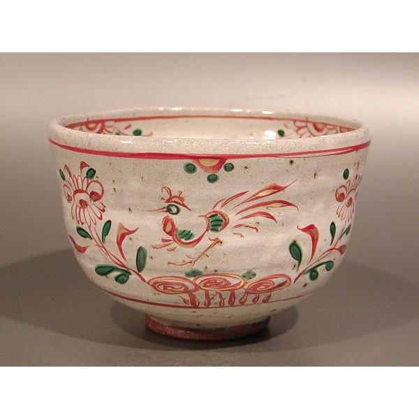 抹茶茶　京焼　桜木文 茶道具 抹茶茶碗 灰釉 赤絵花鳥文「隠し文字入り」、京焼 秋峰窯 中村