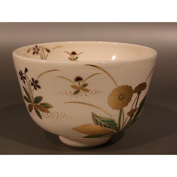 茶道具 抹茶茶碗 色絵 春草画、京都 相模竜泉作、桐共箱 新品