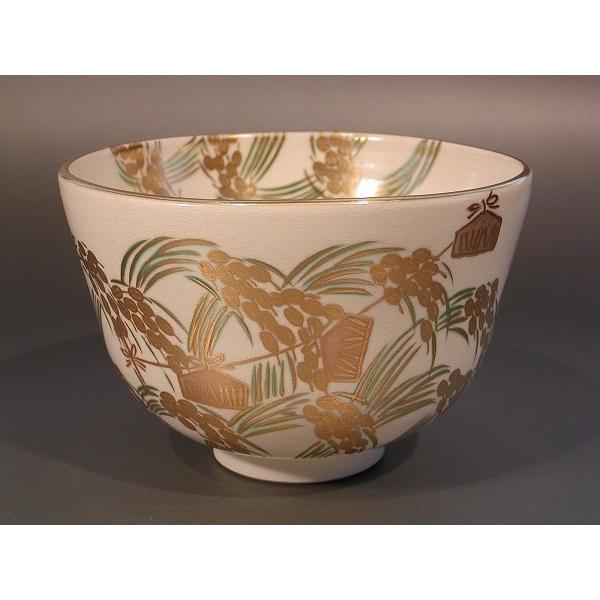 茶道具 抹茶茶碗 色絵 稲穂（いなほ）画、京都 相模竜泉作 桐共