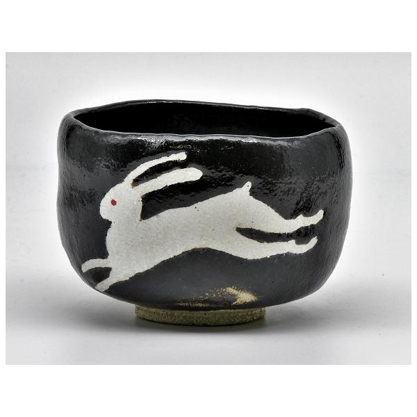 茶道具 抹茶茶碗 黒楽 覚入写 兎の絵、佐々木昭楽作、桐共箱 新品