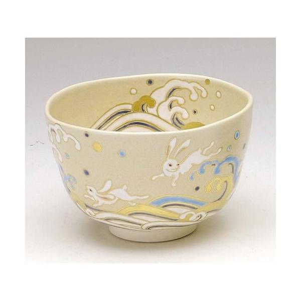 茶道具 抹茶茶碗 色絵 波兎、京焼 東福窯 中村能久（よしひさ