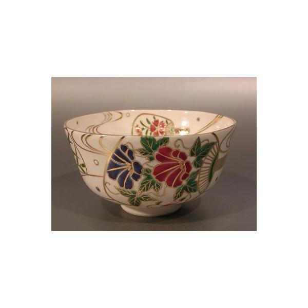 茶道具　団扇茶碗 茶道具 抹茶茶碗 色絵 団扇（うちわ）画、京都 相模竜泉作、桐共