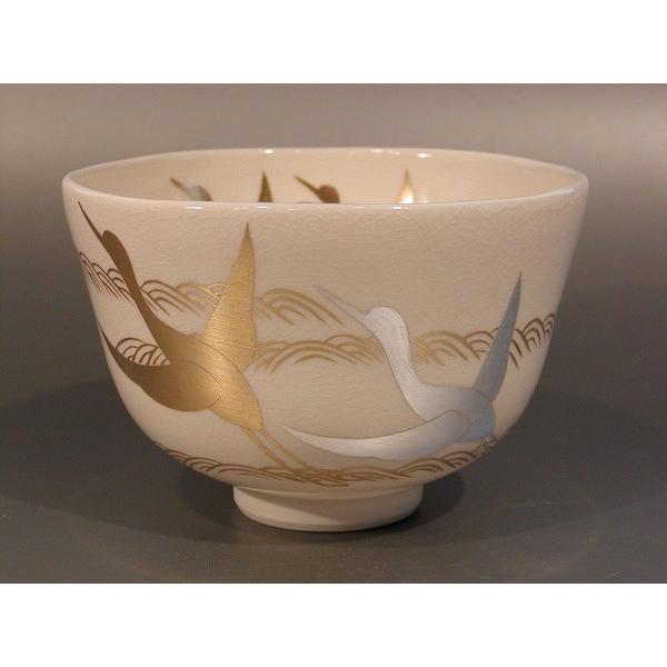 一流の品質 茶道具 抹茶茶碗 新品 相模竜泉作、桐共箱 鶴画、京都 金銀彩 茶碗