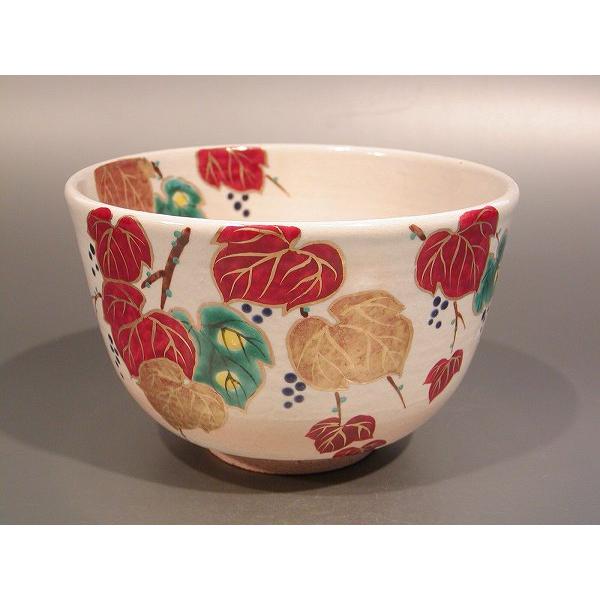 茶道具 抹茶茶碗 粉引 蔦（つた）絵、京焼 伝統工芸士 小倉 亨
