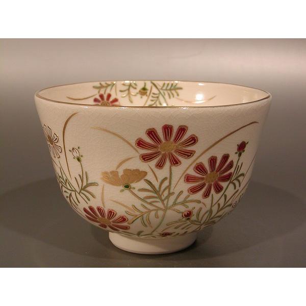 【メール便無料】 茶道具 相模竜泉作、桐 秋桜（コスモス）画、京都 色絵 抹茶茶碗 茶碗