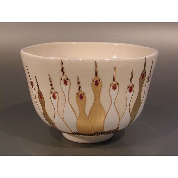 ファッションの 色絵 抹茶茶碗 茶道具 立鶴画、京都 新品 相模竜泉作、桐共箱 茶碗