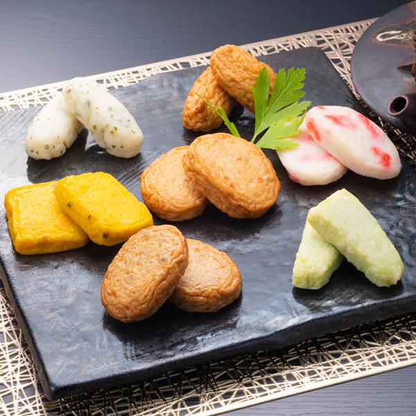 魚肉をブレンドし旨みを引き出し、ソフトな食感には豆腐と山芋、風味豊かな甘みに欠かせない灰持酒を使用。小田口屋独自の製造法で練り物に相性の良い色鮮やかな種ものを用い、バラエティ豊かに仕上げました。