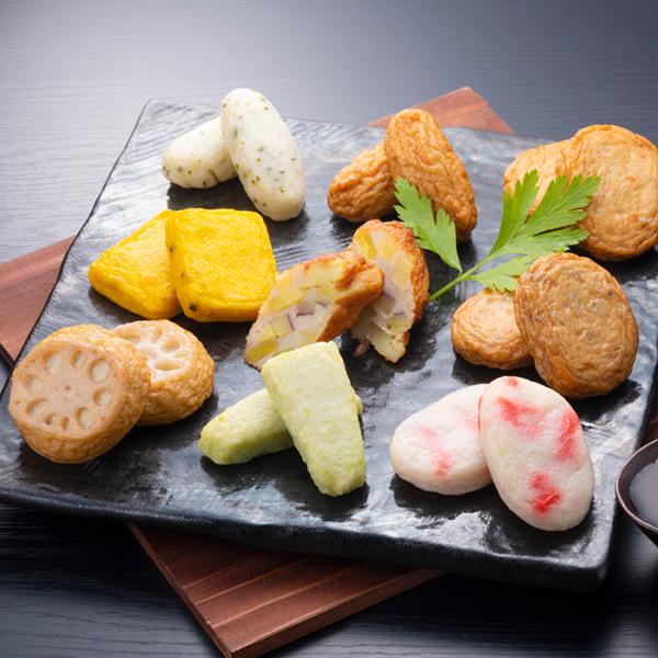 魚肉をブレンドし旨みを引き出し、ソフトな食感には豆腐と山芋、風味豊かな甘みに欠かせない灰持酒を使用。小田口屋独自の製造法で練り物に相性の良い色鮮やかな種ものを用い、バラエティ豊かに仕上げました。