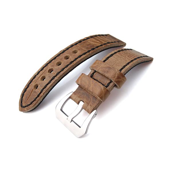 20mm MiLTAT 時計ベルト カーフ ハニーブラウン ブラックステッチ