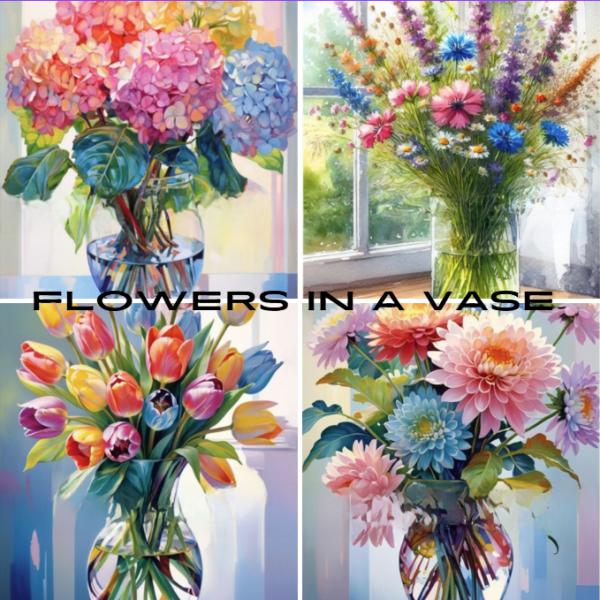 『FLOWERS IN A VASE』（生け花）シリーズ！！！4タイプからお選びください。大人も子供も楽しめるダイヤモンド・カラービーズ刺繍です。初心者から上級者まで幅広く楽しめます。やり方は簡単、番号や記号と該当のビーズを貼っていくと、カ...