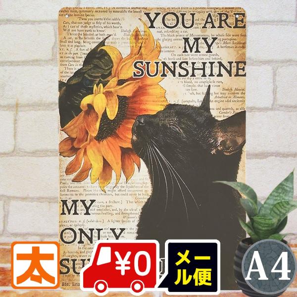 ブリキ看板 s 黒猫 ねこ ひまわり 花 ポスター 絵 アートパネル 猫 向日葵 音楽 アンティーク おしゃれ