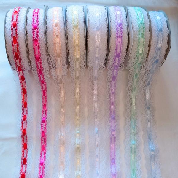 真ん中にサテンリボンを通したレースブレードです。サテンリボンは固定されているので抜けません。幅　2.5cm程度（広い部分は2.8cmほどあります）数量1＝2ｍ薄手で加工しやすい素敵なレースです。レース部分は真っ白です。複数個ご購入の場合は可...