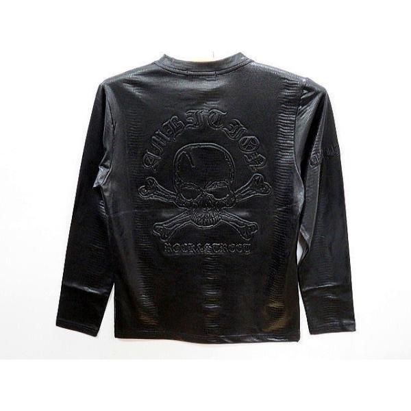 大きいサイズ BE AMBITION スカル＆ロゴ エンボス加工 Vネック長袖T