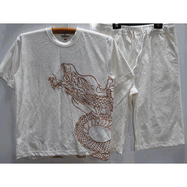 カラクリ魂 和柄 ふくれ織ジャガードTシャツ上下セット 龍刺繍