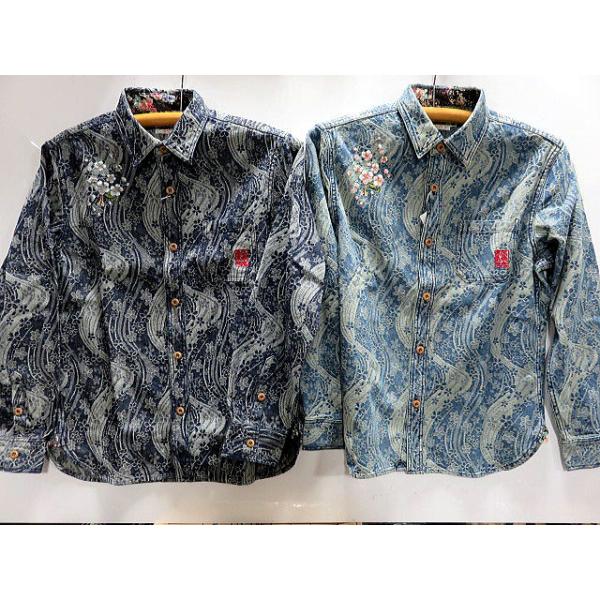 絡繰魂 桜流水 長袖 デニムシャツ カラクリ魂 和柄シャツ