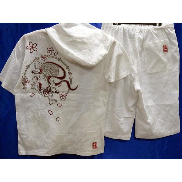 絡繰魂　カラクリ魂　和柄 　半袖パーカー・ハーフパンツ上下セット風神雷神刺繍　KARAKURI takafuku1915_ka-282807-wht