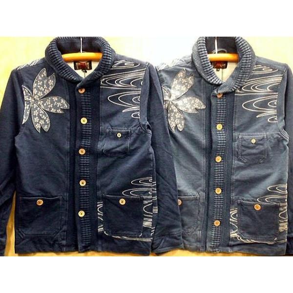 錦　和柄　ニットデニムショールジャケット　流水に桜刺繍　NISHIKI 錦 和柄 ニットデニムショールジャケット 流水に桜刺繍 NISHIKI