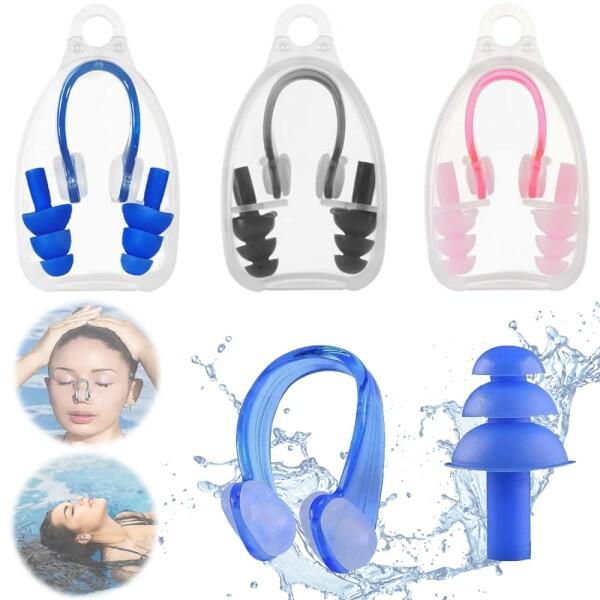 水泳用ノーズクリップ 耳栓 3個セット 水泳耳栓 三層構造 耳栓 軽量 柔らかいシリコーン 鼻栓 耳栓 男女兼用 再利用可能 水泳初心者でも適用 スイミング 鼻栓セット 透明収納ケース付き（ブルー/ピンク/ブラック3色各1個）商品コード：6...