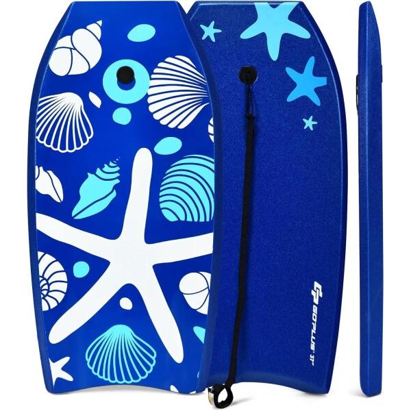 GYMAX ボディボード リーシュコード付き マリンスポーツ XPEデッキ＆EPSコア 初心者向け メンズ レディース 子供用 大人用 3サイズ対応 軽量 安定 滑り止め加工 ビーチ・プール・水泳 夏休み大活躍 海水浴 (青いホタテガイ, ...