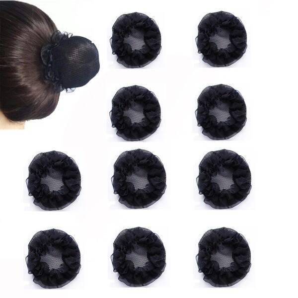 髪ネット 10個セット お団子ネット シニヨンネット 髪束ねネット 弾性布帛 網目 おしゃれ フリル まとめ髪 バレエ細かい 網目 ブラック (S)商品コード：66079936649