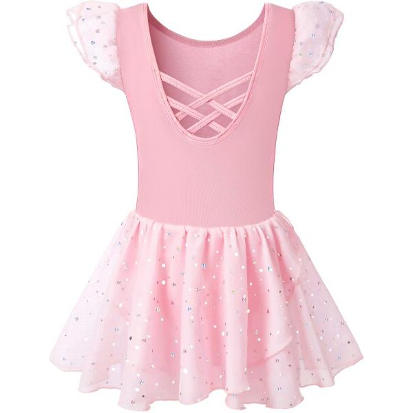 (DANSHOW)子供用バレエレオタード フリルスリーブ シフォンスカートバレエ・新体操教室の練習用(50431-08-M)商品コード：66079936776サイズ：120カラー：ピンク?グリッターデザイン?スカートと袖にはキラキラのスパン...