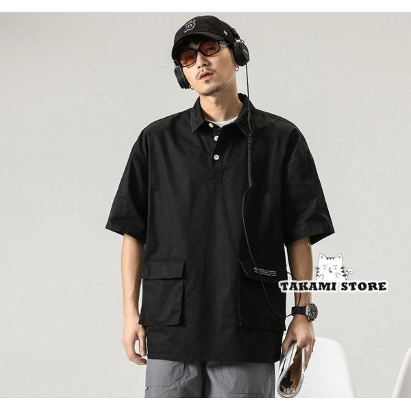 ワークシャツ メンズ 黒シャツ 半袖シャツ ゆったり アメカジ 男性 トップス ビッグポケット メンズファション 夏