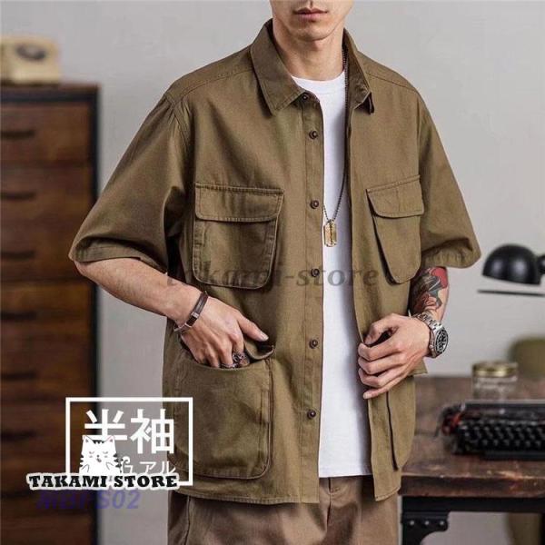 ミリタリーシャツ 半袖 カーゴシャツ メンズ シャツ 半袖 ビッグシルエット 肩落ち ルーズ クルーネック ゆったり 夏 夏服 新作 コーデ