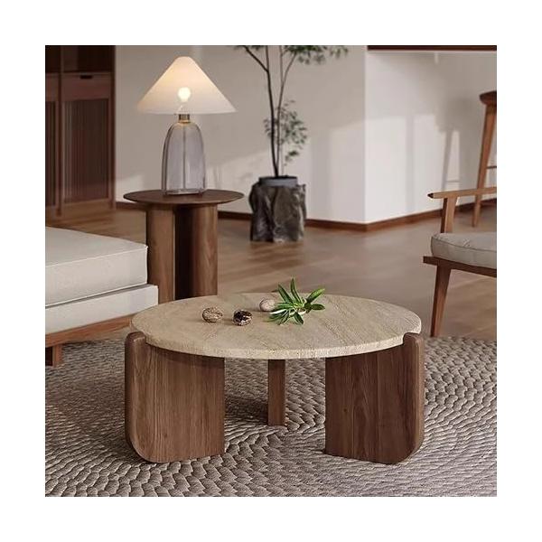 無垢材の脚と岩板トップ：高級無垢材の脚と滑らかな岩板の表面が特徴で、木の温もりと石のクールな優雅さを組み合わせて、洗練されたモダンな外観を実現しています。合理化されたデザインと丸みを帯びたエッジ：滑らかで丸みを帯びたエッジを備えたミニマルな...