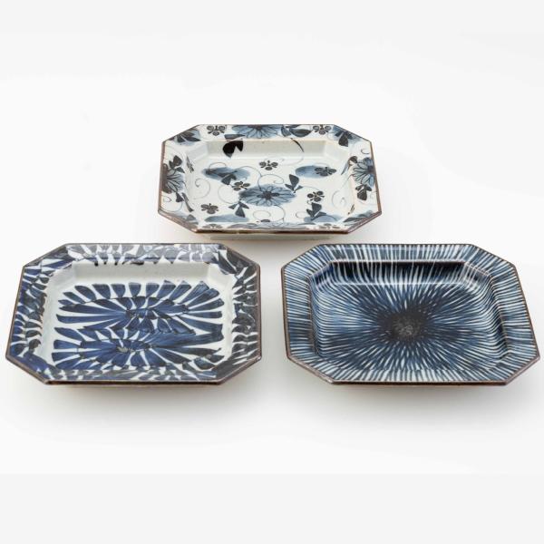 波佐見焼】 古染紋・手描き八角取皿トリオ : ギフトハウスタカノYahoo