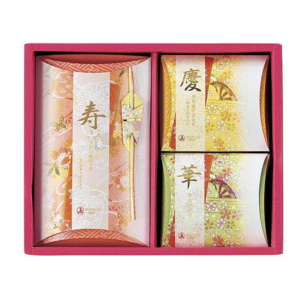 伝統の友禅模様の化粧箱に、かつお花削り・ソフトふりかけ鰹とごま・のり茶漬け・わさび茶漬けの詰合せ。ご親戚・大事なゲストにお勧めです。かつお節しあわせギフトかつお花削り：2g×8、ソフトふりかけ鰹とごま：5g×4、のり茶漬け：5.8×3、わさ...