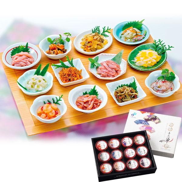 お奨めする１２種類の味を詰め合わせた豪華な商品です。いかの旨味が特徴の「いか塩辛」や、プチプチはじける数の子が特徴の「味の数の子」などを組み合わせました。商品説明： いか塩辛・数の子松前・おさしみ松前・いか黄金・たこわさび・つぶジャン辛・帆...