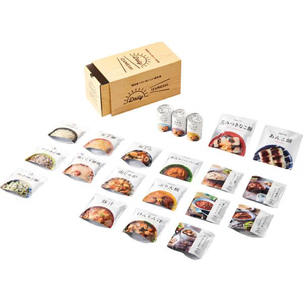 [Release date: December 5, 2025]「デイリーイザメシ」は１人３日分の保存食セット。ごはん７種、おかず９種、パン３種、スイーツ２種が各１個、合計２１個入っています。ボックスは普段使いができる引き出しタイプ。保存食...